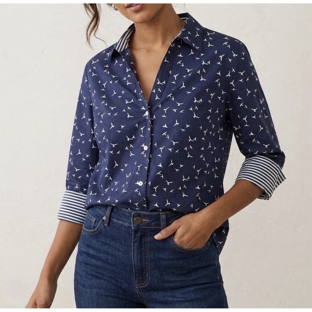 Foxcroft NYC Nautical Bird Print Easy Care Button Up Shirt XL Coastal Nantucket